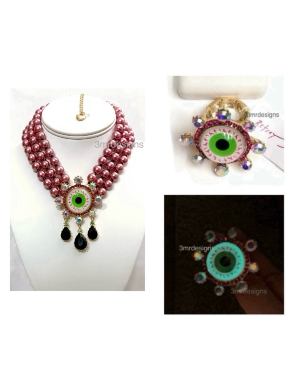 NWT Betsey Johnson💋GLOW IN THE DARK EYEBALL Faux Pearls Necklace & Stretch Ring